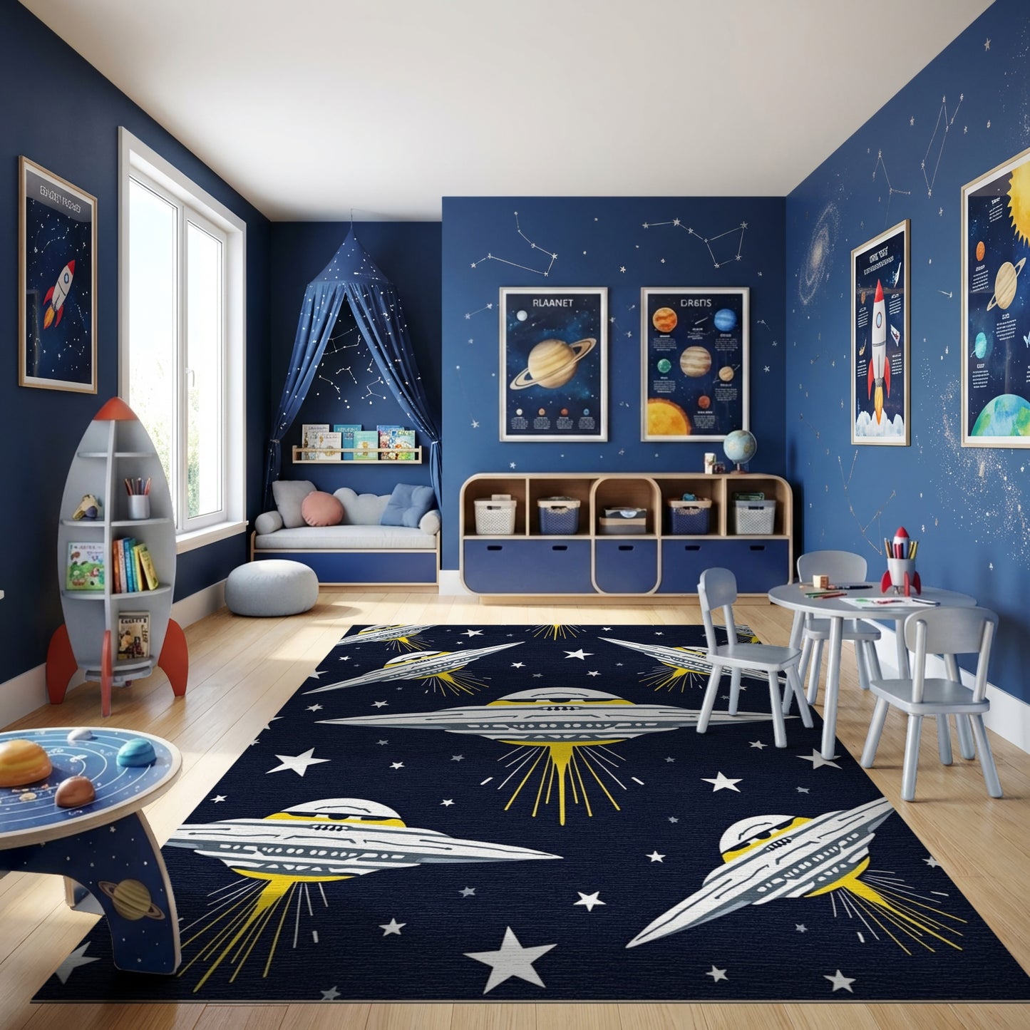 Whimsical Navy UFO Star Trail Rug