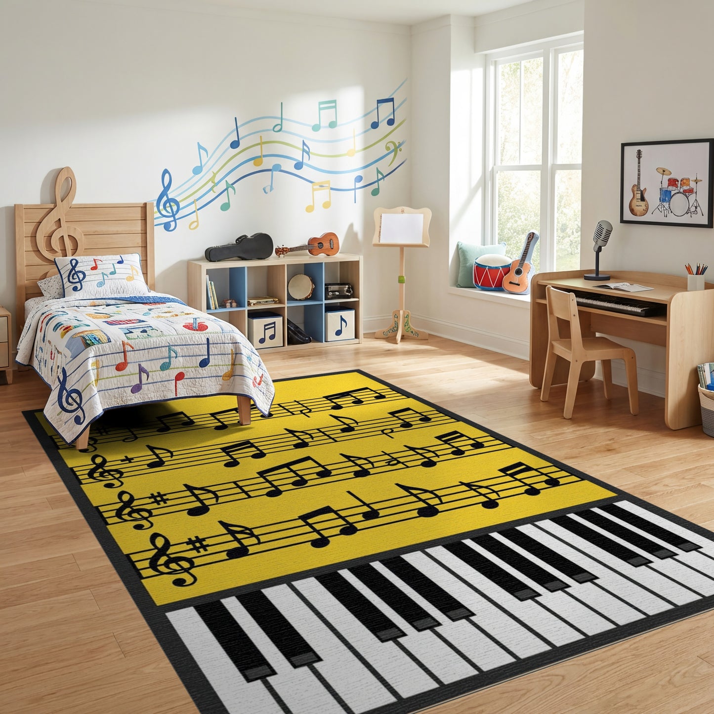 Bright Yellow Sheet Music Piano Rug