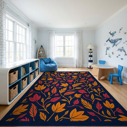 Vibrant Orange Red Leaves Navy Rug