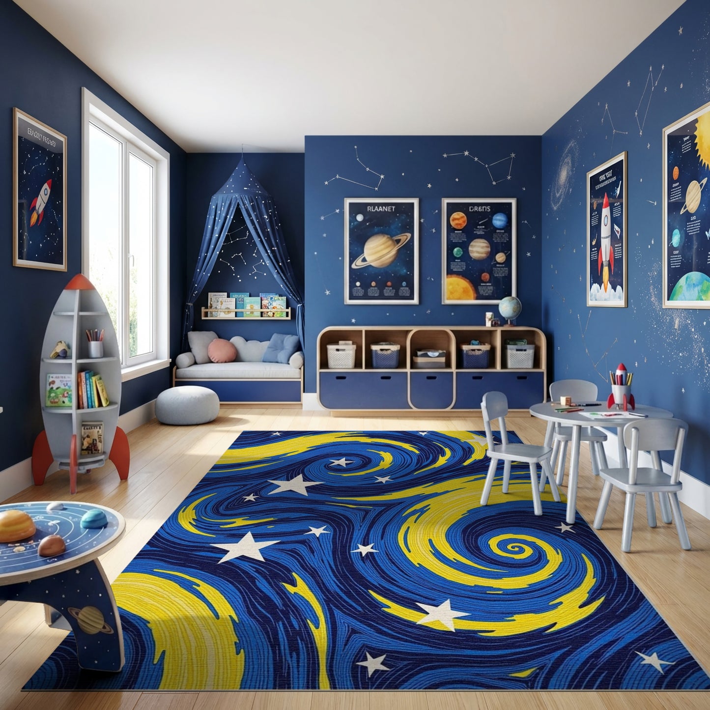 Navy Yellow Swirling Stars Rug