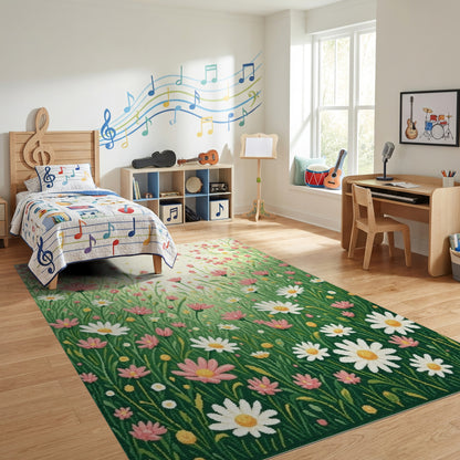 Whimsical Pink Green Daisy Meadow Rug