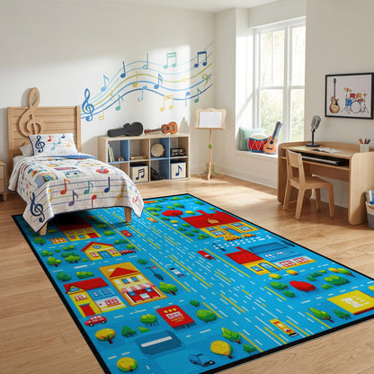 Playful Colorful Village Street Scene Rug