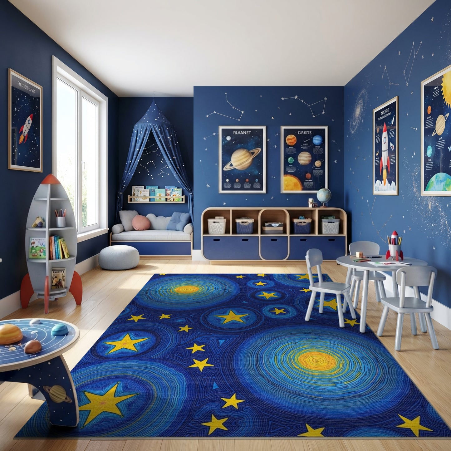 Navy Swirling Stars Yellow Spirals Rug
