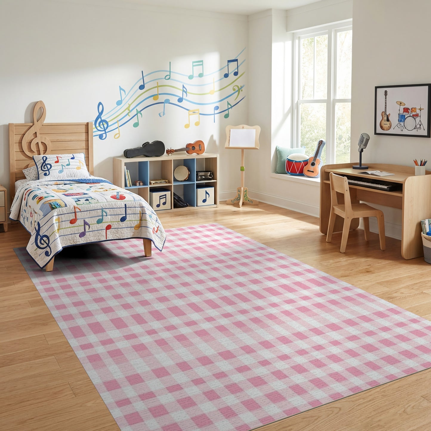 Pink White Gingham Checkered Rug