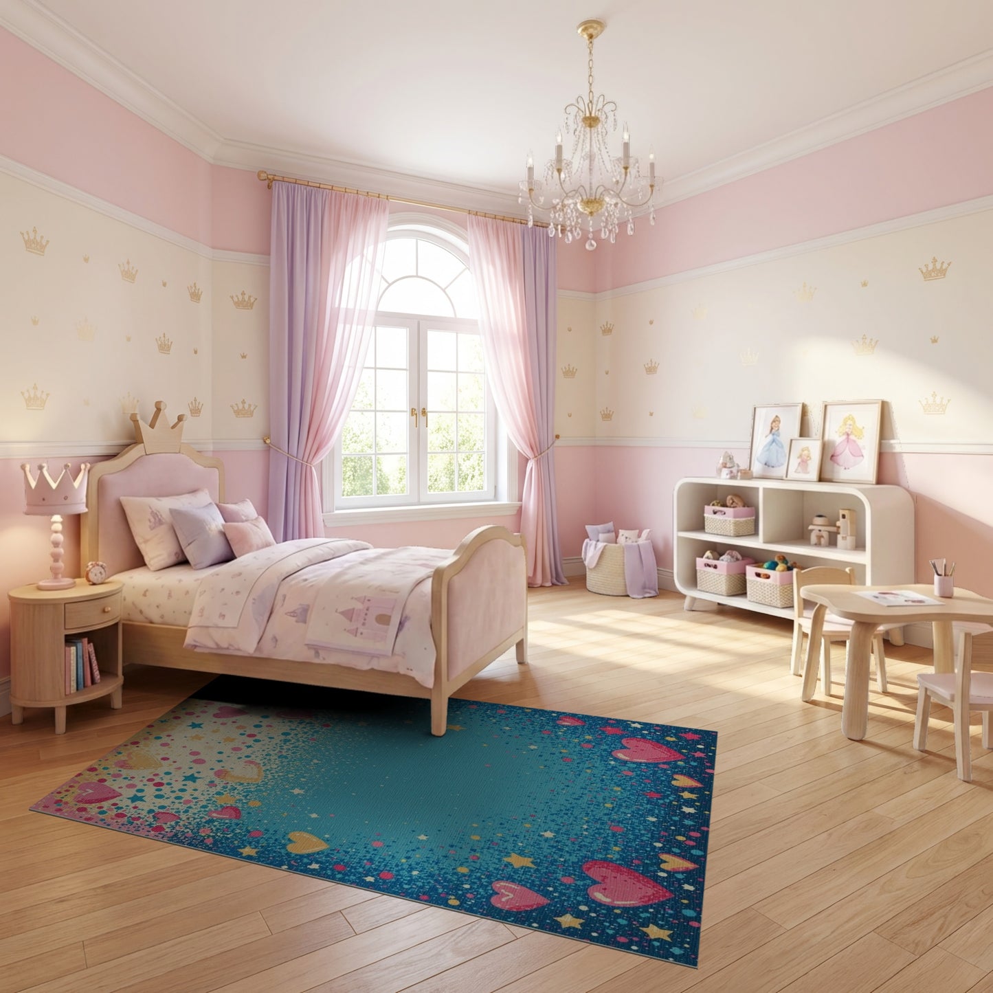 Whimsical Pink Hearts Stars Blue Rug