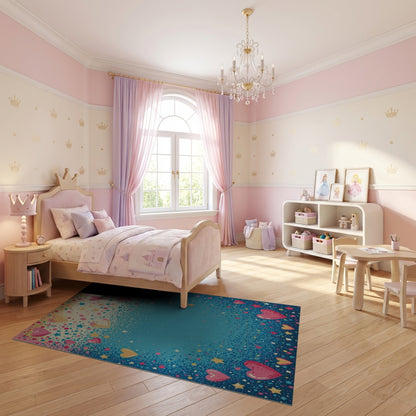 Whimsical Pink Hearts Stars Blue Rug