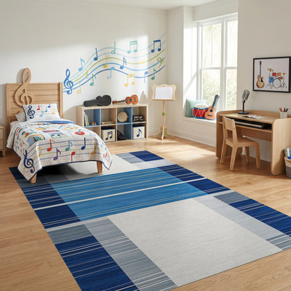 Modern Navy Gray Striped Geometric Rug