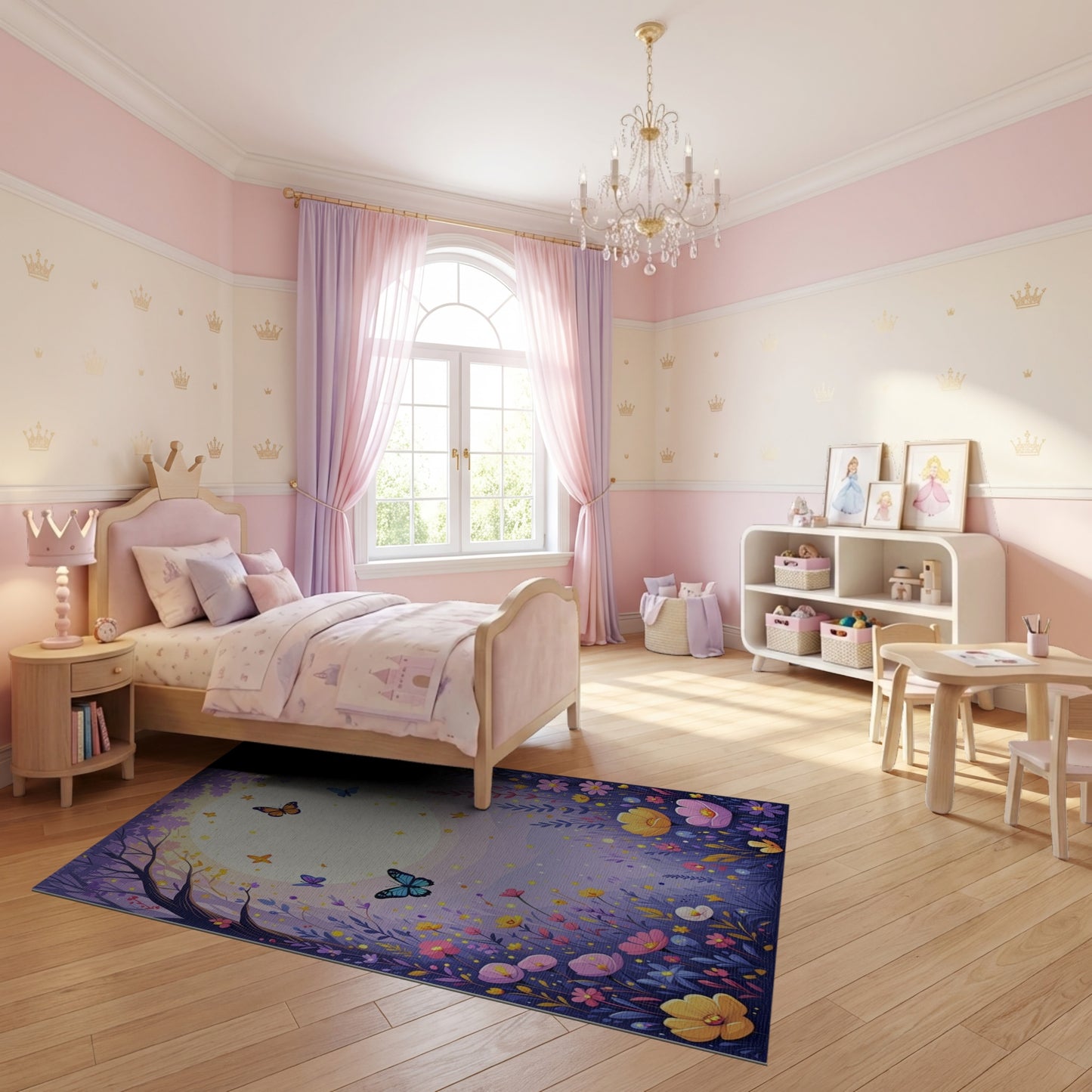 Whimsical Purple Forest Moon Butterflies Rug