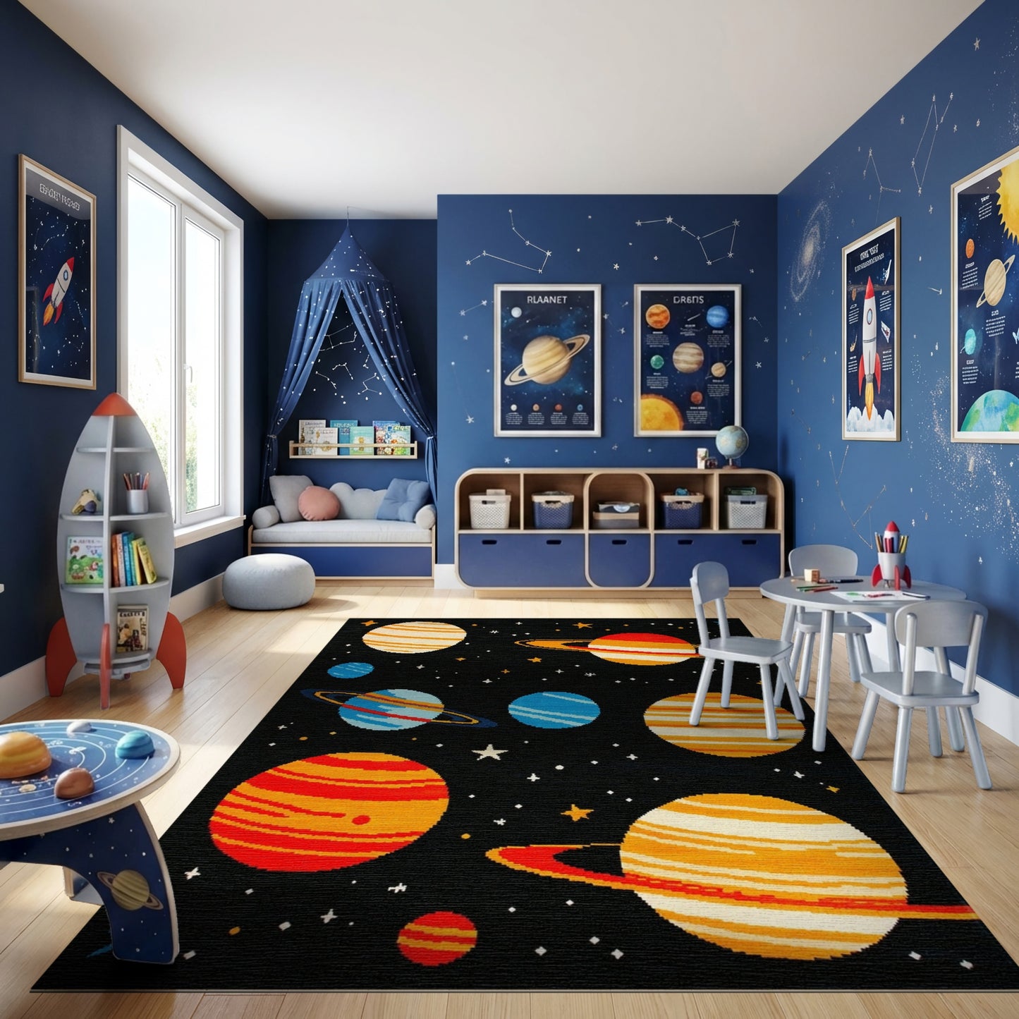 Whimsical Striped Planets Stars Cosmic Rug