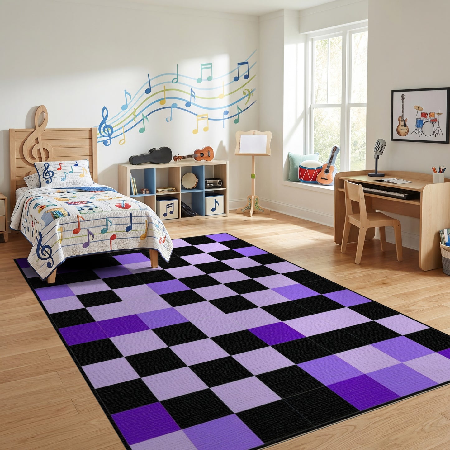 Purple Black Tonal Grid Rug