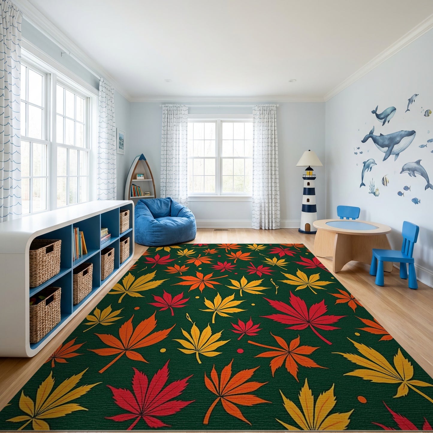 Vibrant Yellow Orange Red Leaves Green Rug