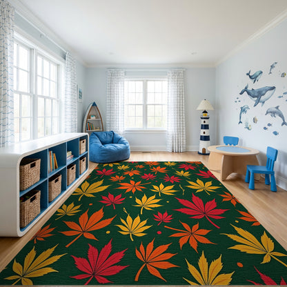 Vibrant Yellow Orange Red Leaves Green Rug