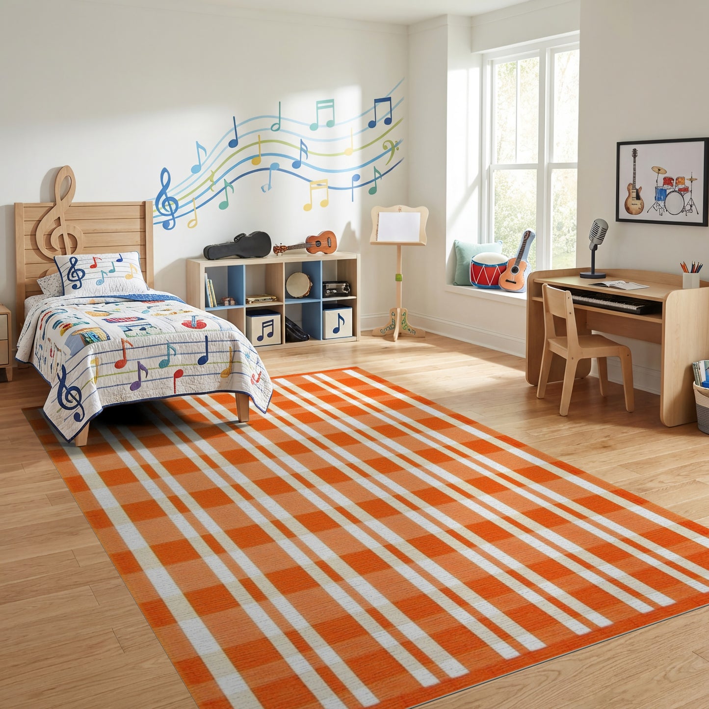 Bold Orange White Checkered Pattern Rug