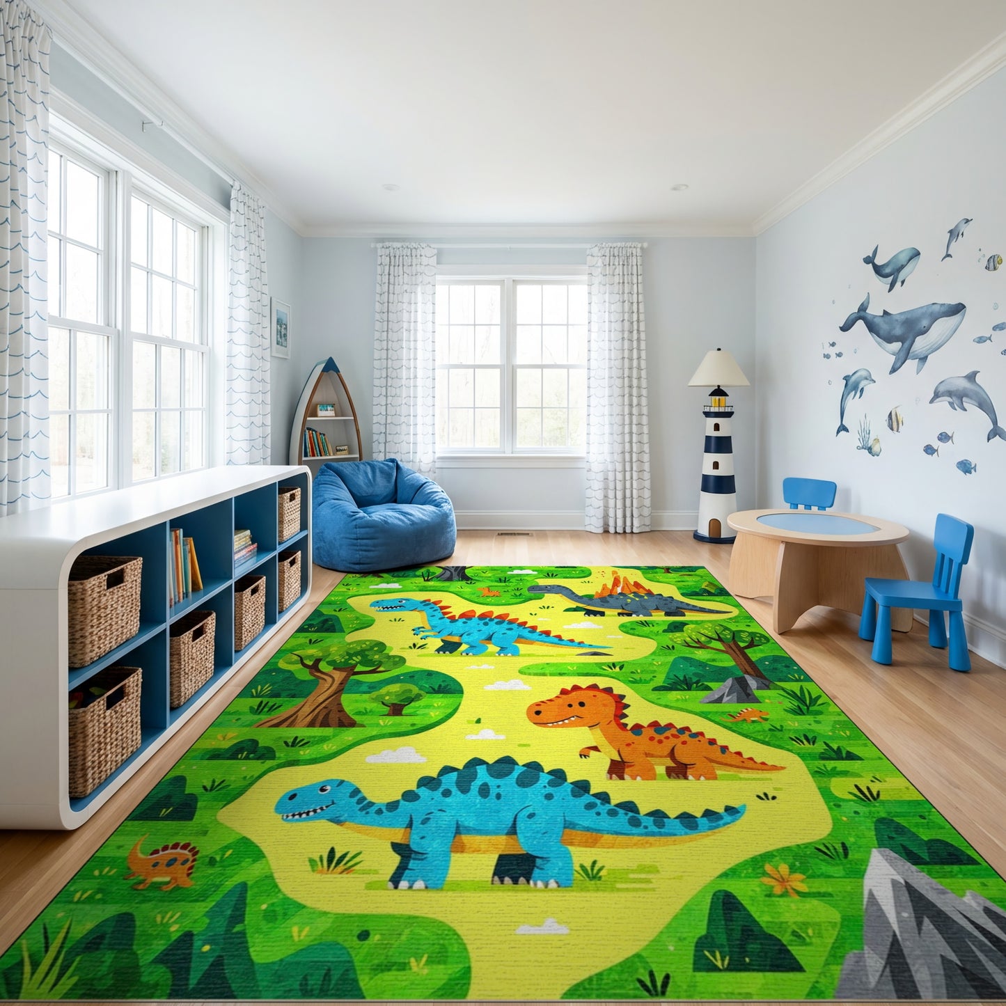 Playful Dinosaur Jungle Volcano Rug