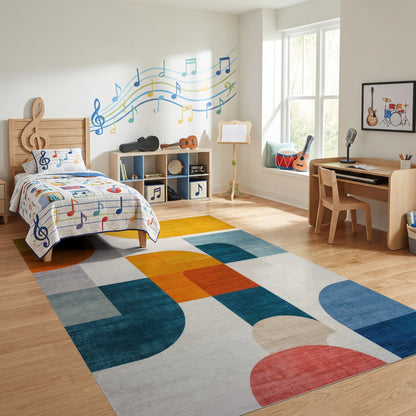 Modern Teal Orange Geometric Abstract Rug