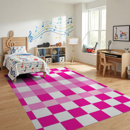 Vibrant Pink White Checkered Grid Rug