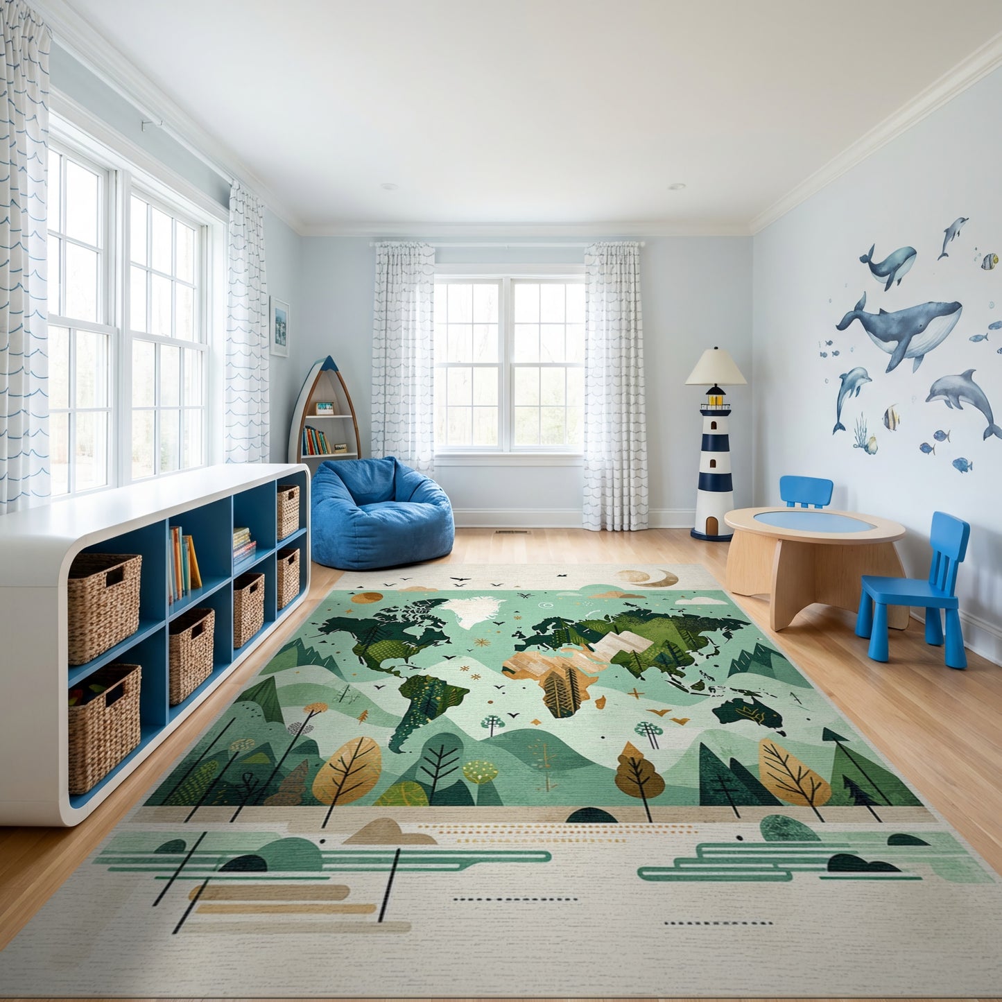 Teal World Map Forest Mountains Rug