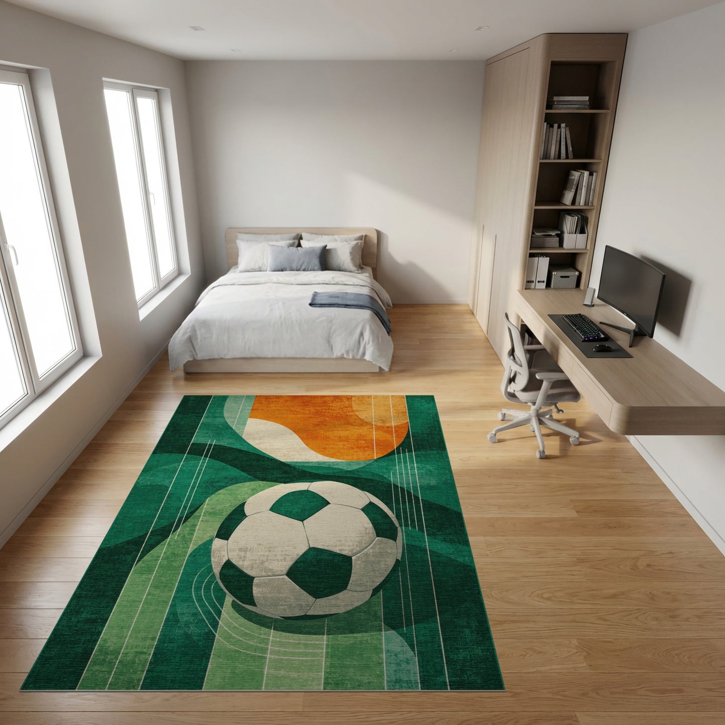 Retro Green Orange Soccer Ball Rug
