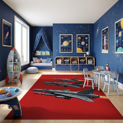 Gray Fighter Jets Flames Formation Rug