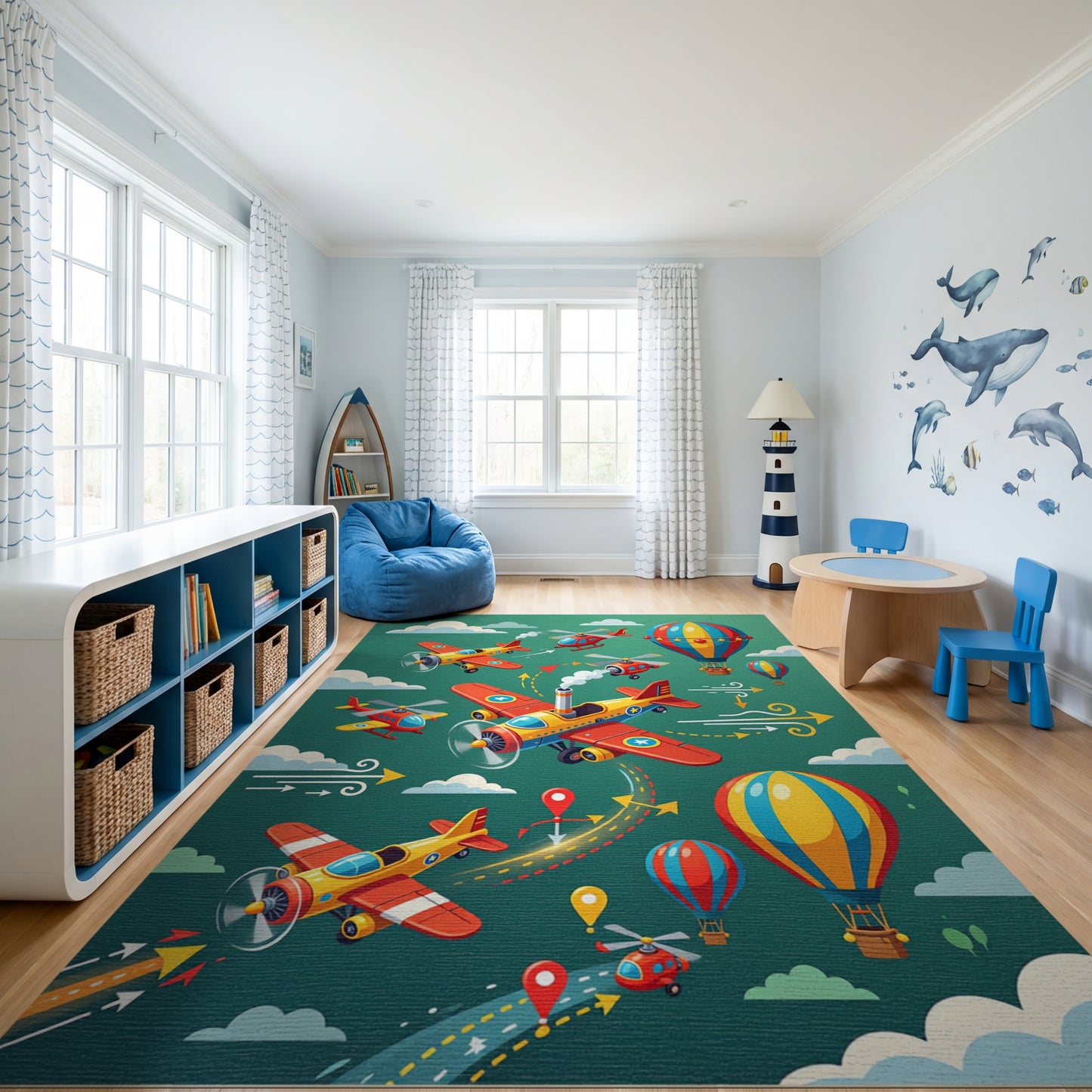 Colorful Whimsical Airplanes Balloons Helicopters Rug