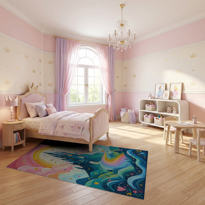 Whimsical Castle Rainbow Hearts Rug