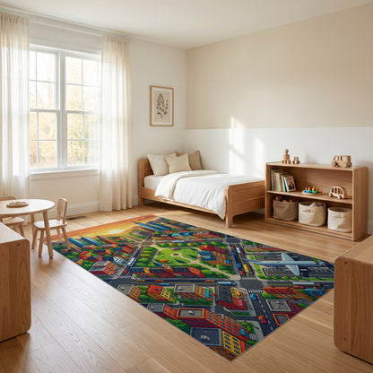 Vibrant Sunset Cityscape Warm Tones Rug
