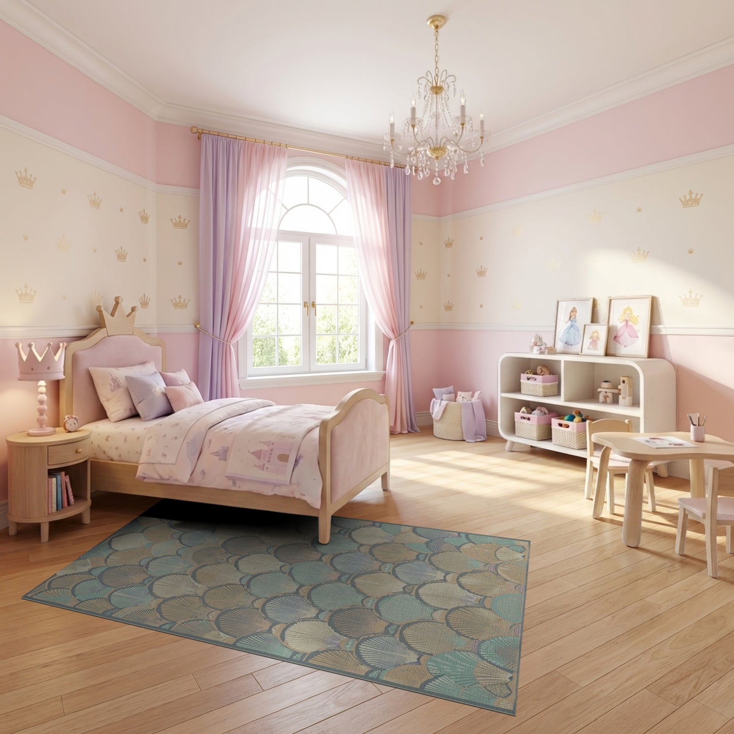 Teal Cream Scalloped Seashell Coastal Rug