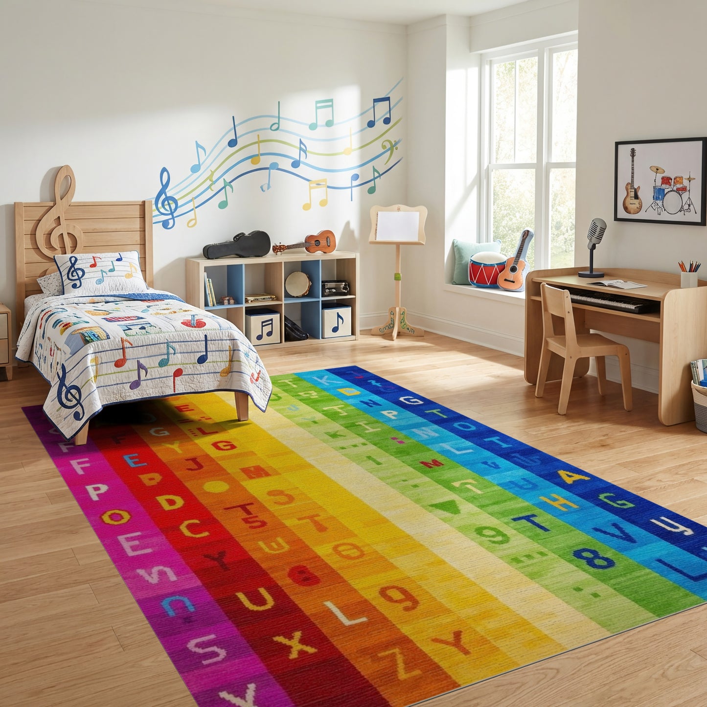 Vibrant Rainbow Alphabet Stripes Rug