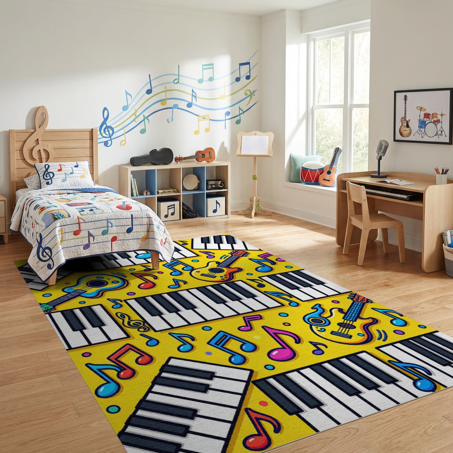 Vibrant Yellow Piano Guitar Notes Rug