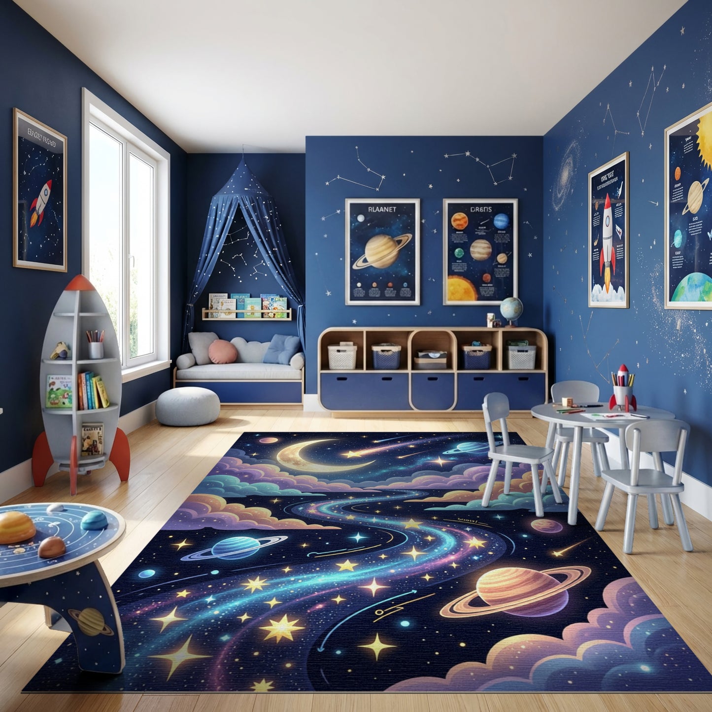 Dreamy Crescent Moon Planets Shooting Stars Rug