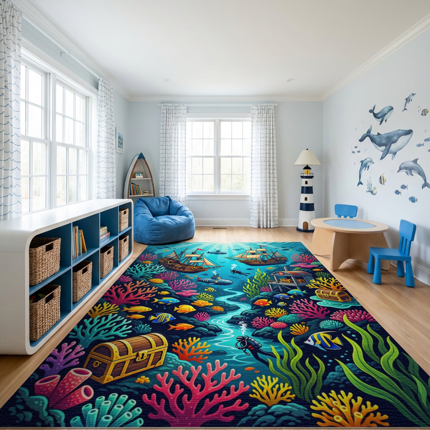 Vibrant Underwater Sunken Ships Coral Treasure Rug