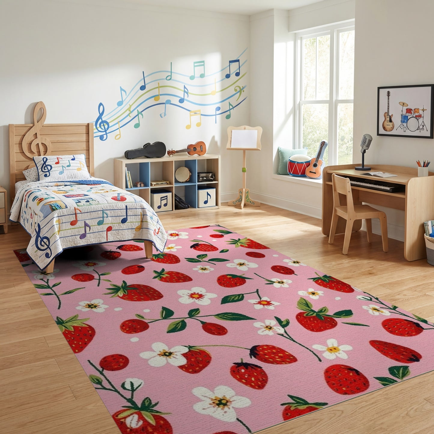 Whimsical Pink Strawberry Floral Rug