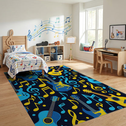 Vibrant Electric Guitars Notes Navy Rug