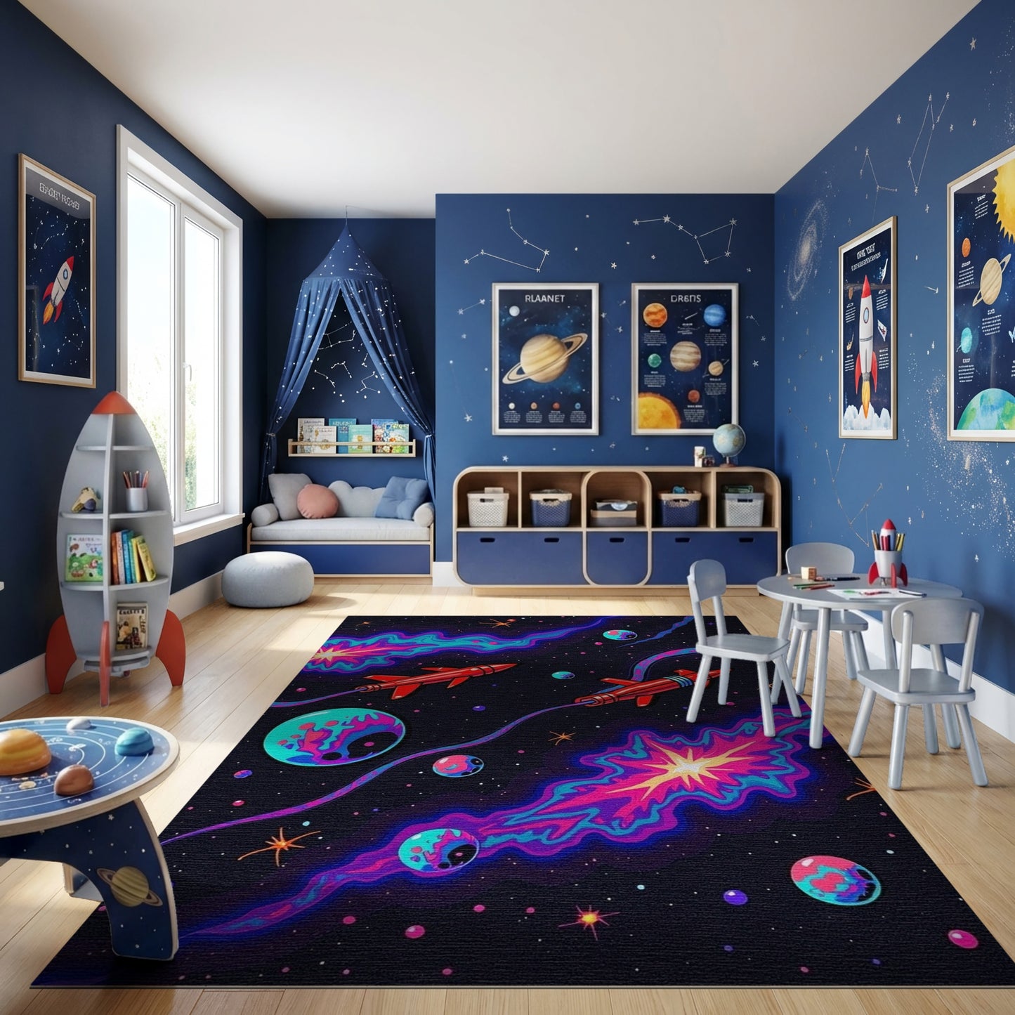 Retro Red Rockets Cosmic Nebulae Rug