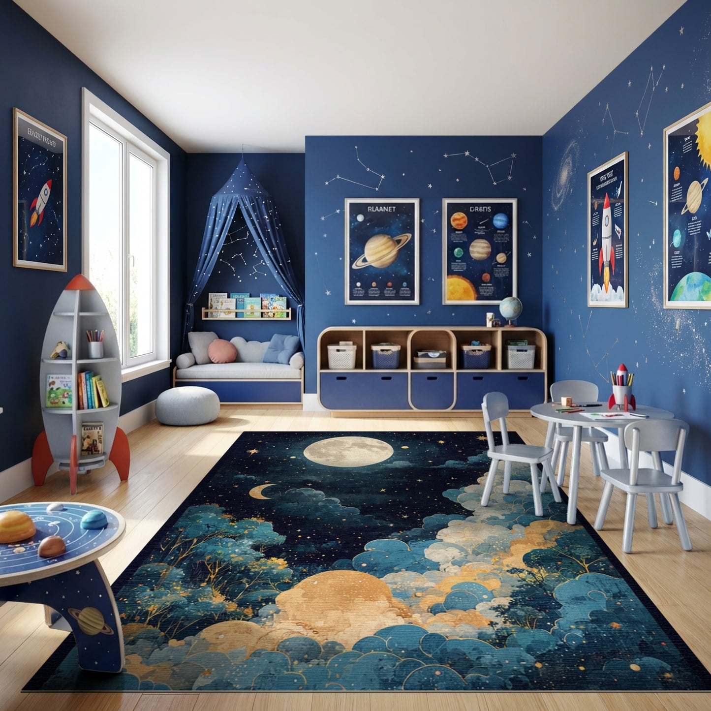 Dreamy Starry Moon Clouds Trees Rug