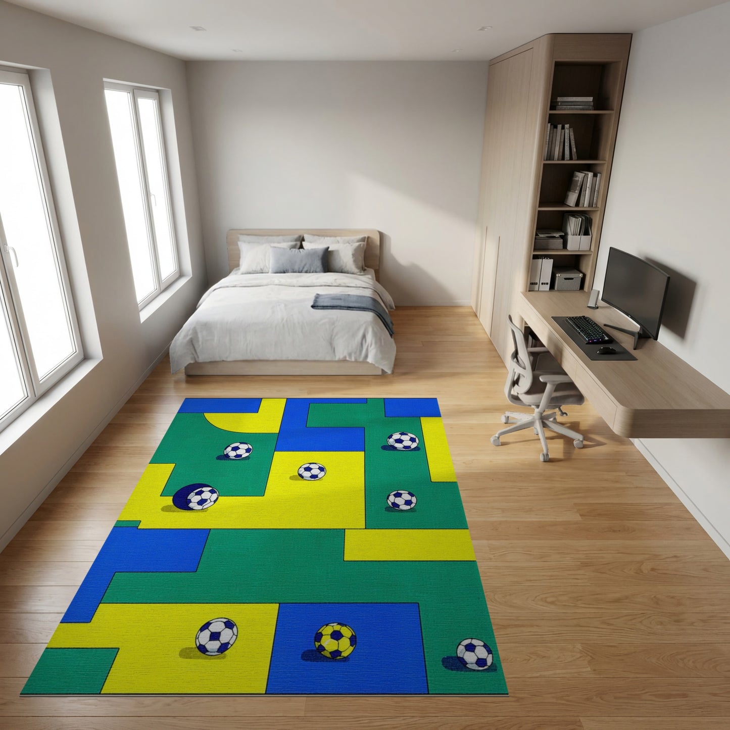 Vibrant Color Block Soccer Ball Rug