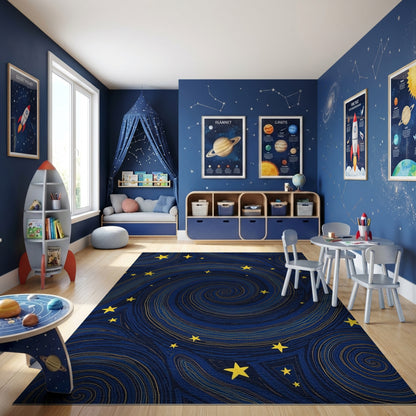 Navy Swirling Spirals Golden Stars Rug
