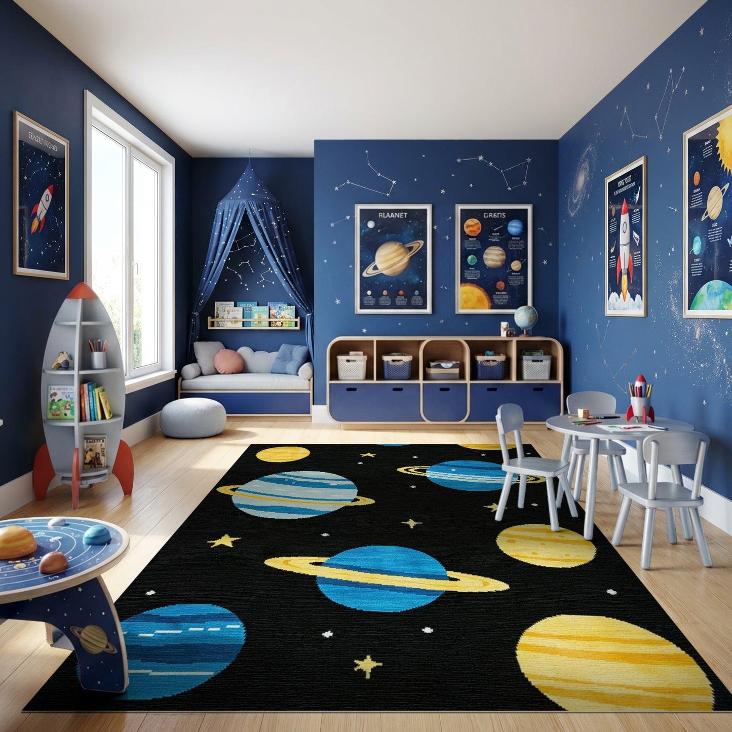 Whimsical Blue Yellow Planets Stars Rug