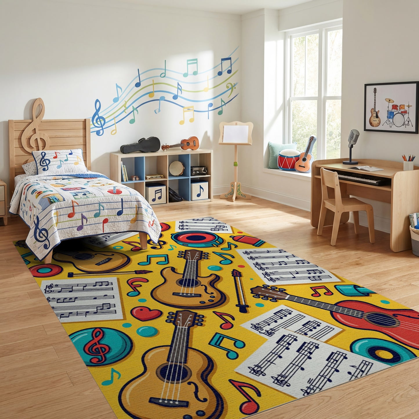 Vibrant Yellow Guitars Music Notes Rug