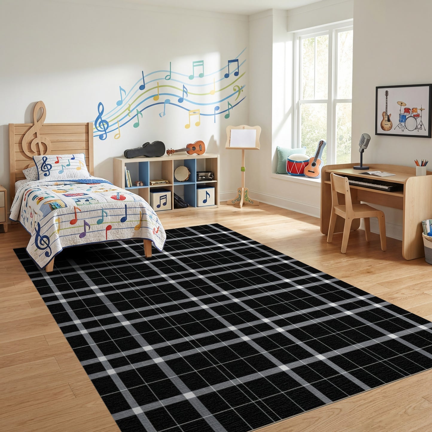 Modern Black Gray Grid Rug