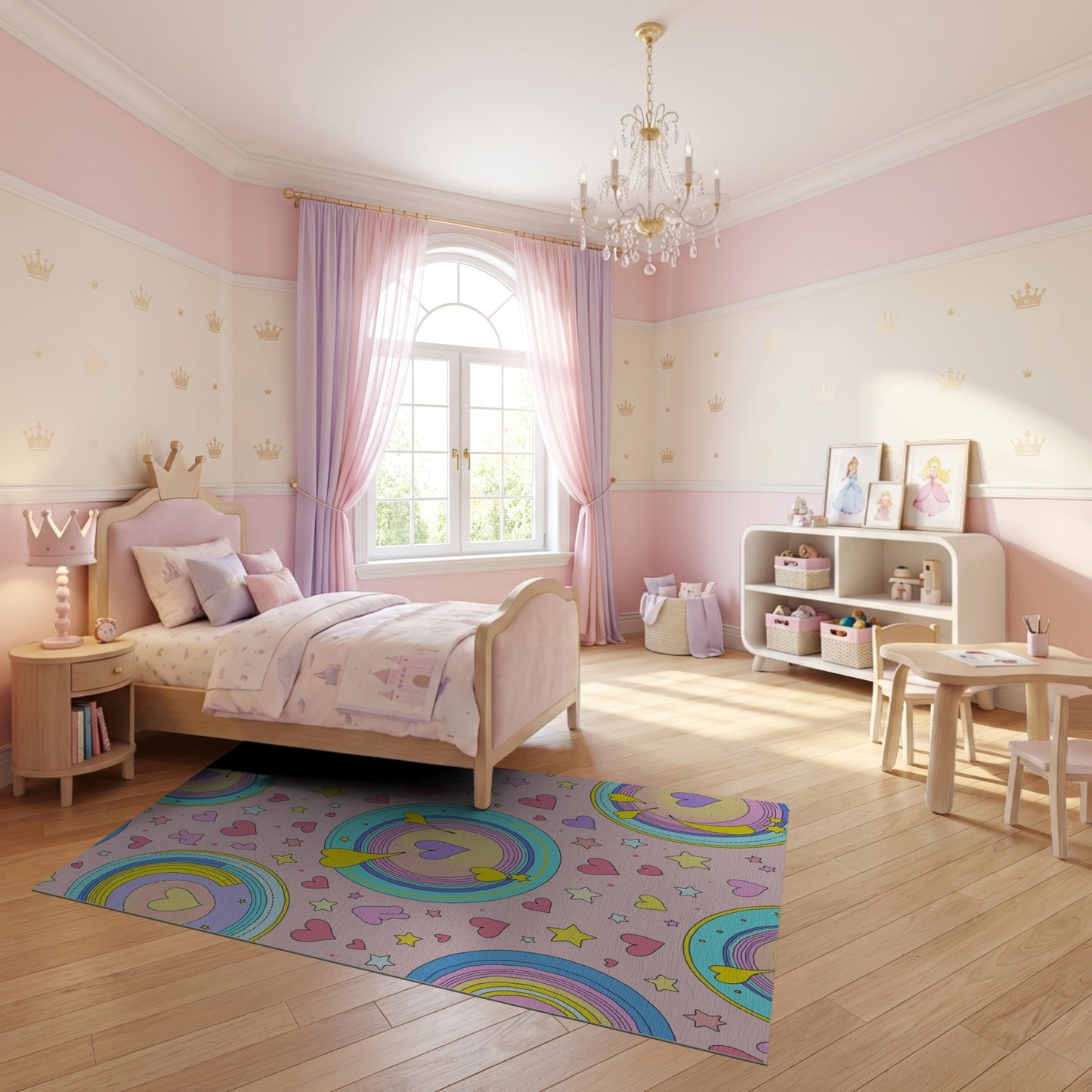 Whimsical Rainbow Hearts Stars Circles Rug