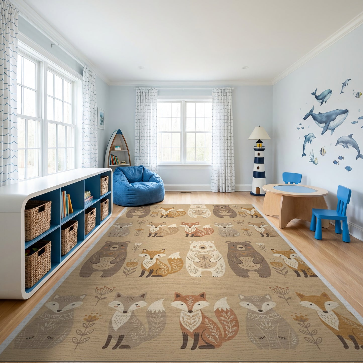 Earthy Bear Fox Floral Whimsical Rug