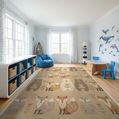 Earthy Bear Fox Floral Whimsical Rug