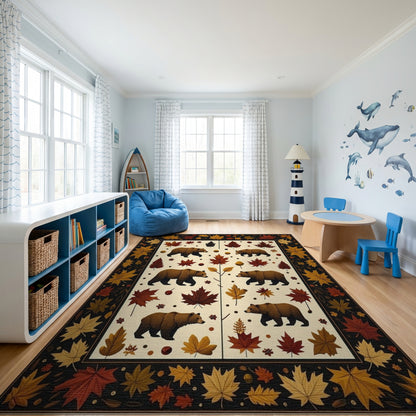 Whimsical Brown Bears Autumn Leaves Rug