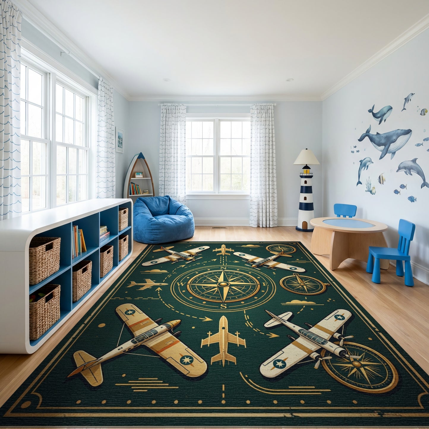 Vintage Gold Airplane Compass Rug