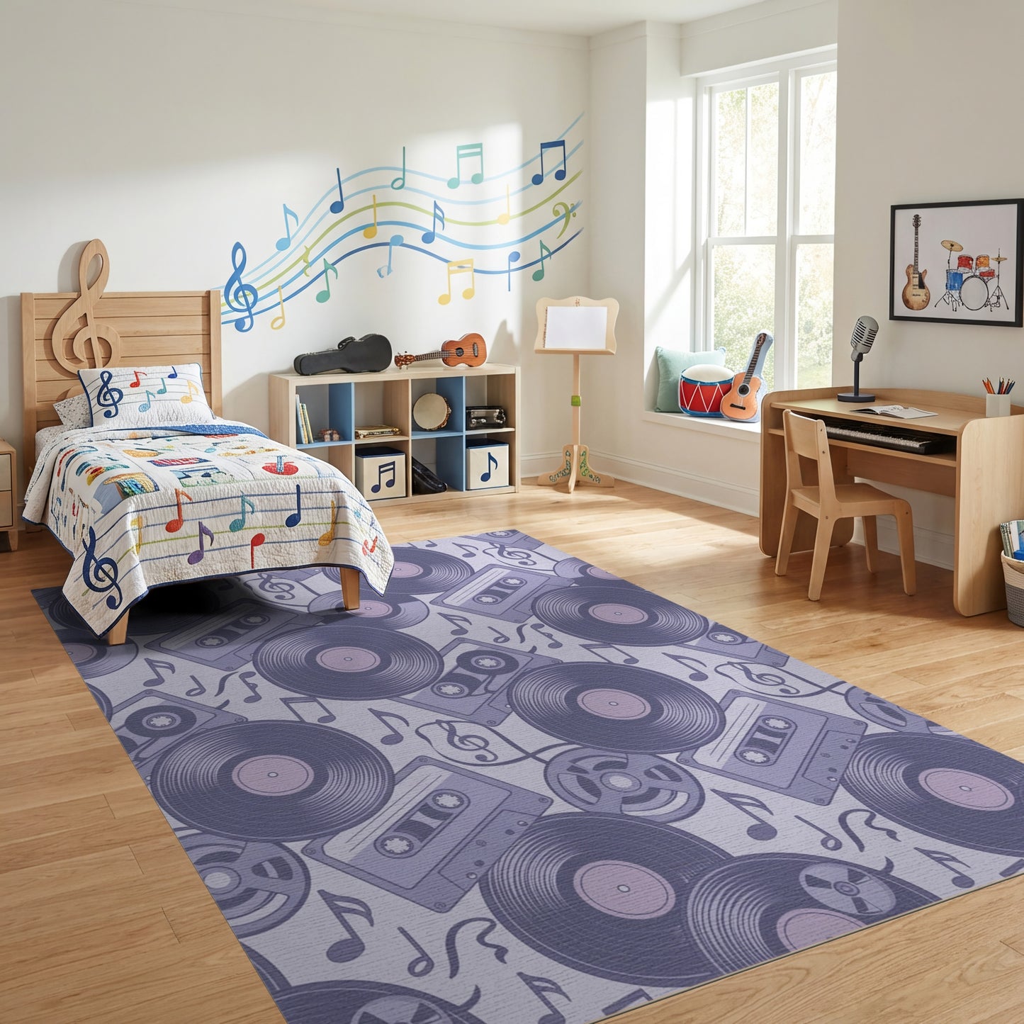Retro Purple Vinyl Records Cassettes Rug