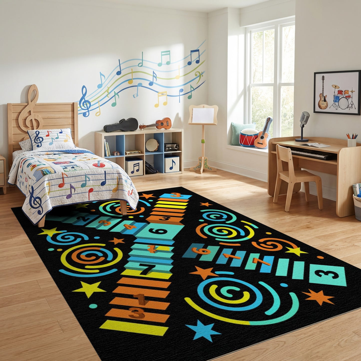 Playful Multicolor Numbered Circles Squares Rug