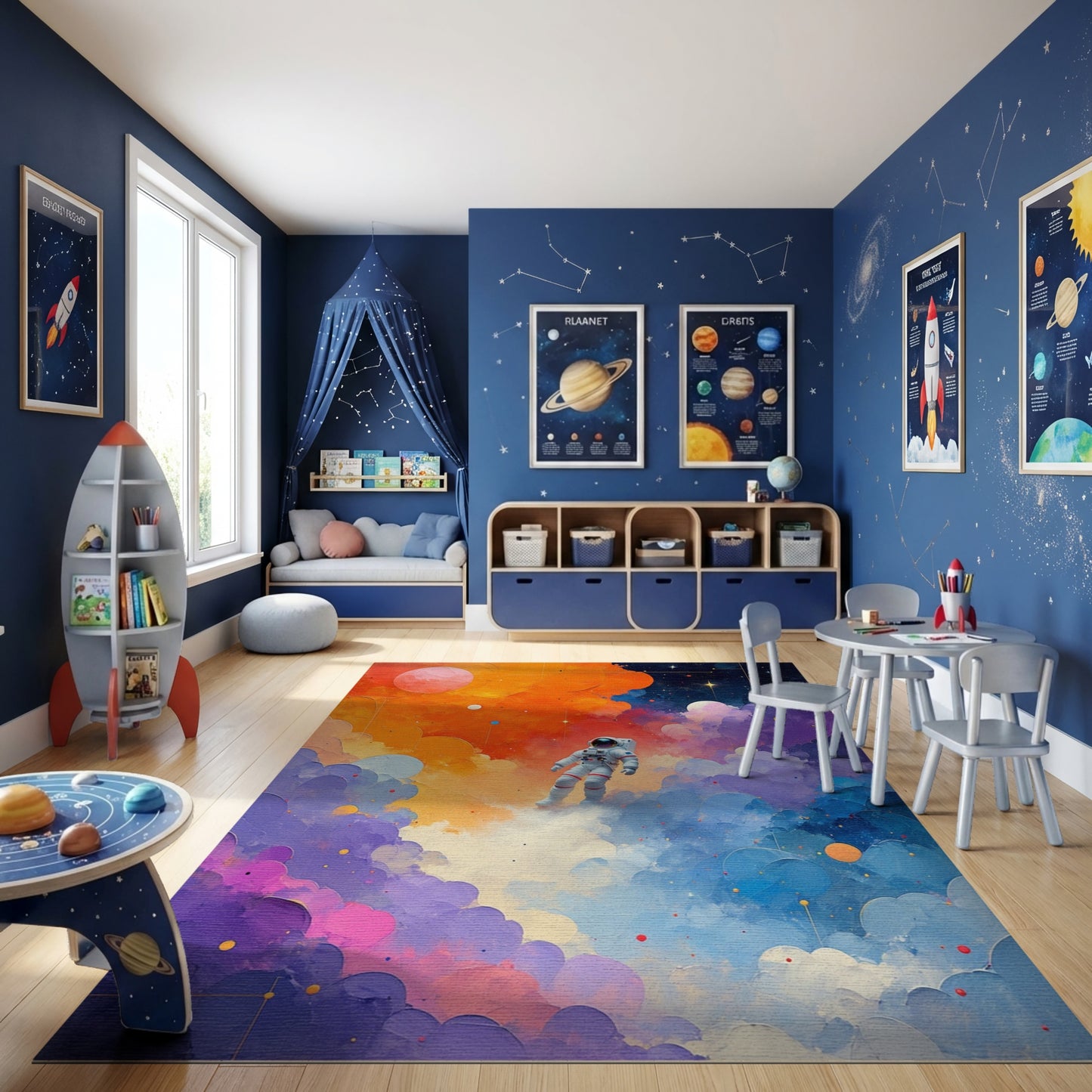 Vibrant Astronaut Cosmic Nebula Clouds Rug