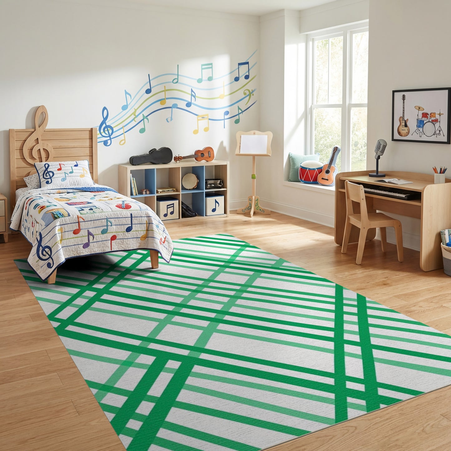 Modern Green White Diagonal Stripes Rug