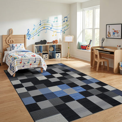 Modern Black White Blue Checkered Patchwork Rug